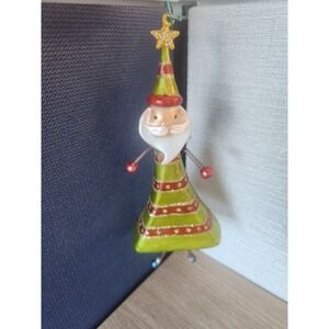 Blown Glass Christmas Santa Green And Red Striped Ornament With Spring Arms Legs